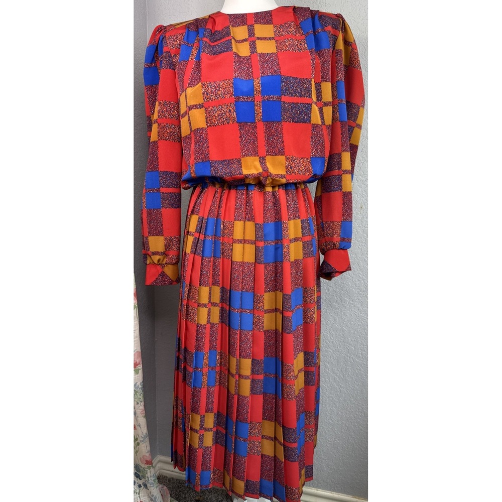 VTG 80s Patchwork Eileen Scott Pleated Secretary Geek Dress USA Long Sleeve